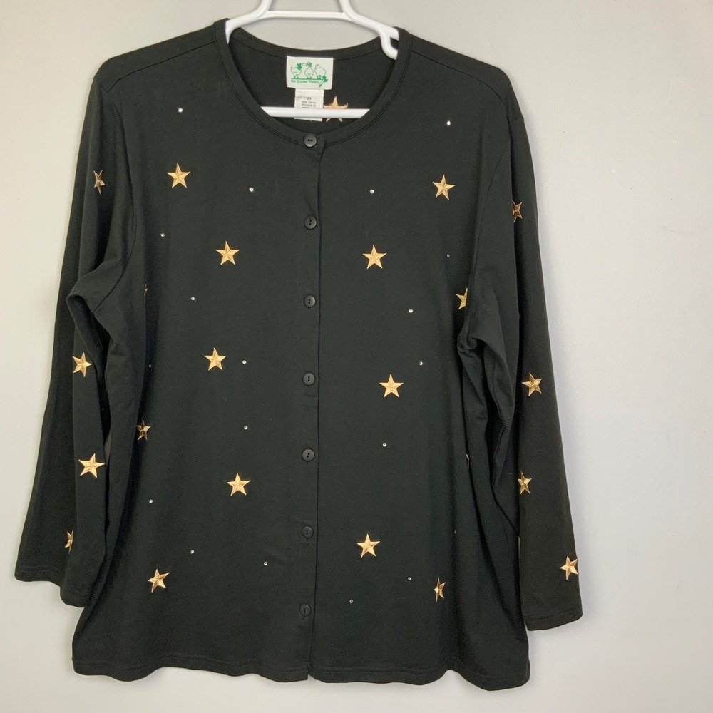 The Quacker Factory Sz 2X Black Cotton Gold Star Bling Embellished Top Cardigan